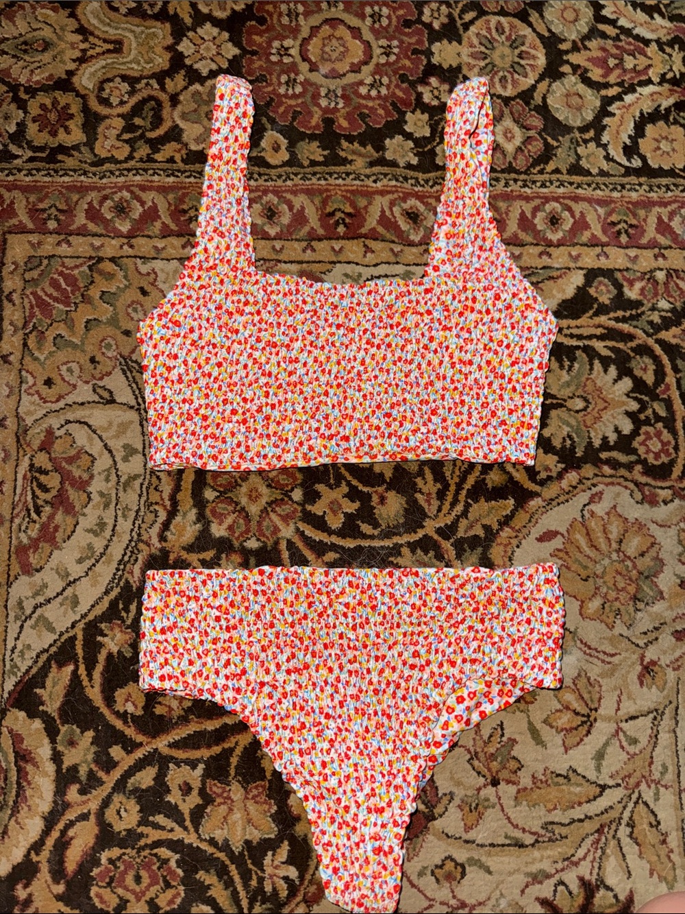 Aila Blue Smocked Floral Bikini Top & Bottom Set - Red dress Pink Floral